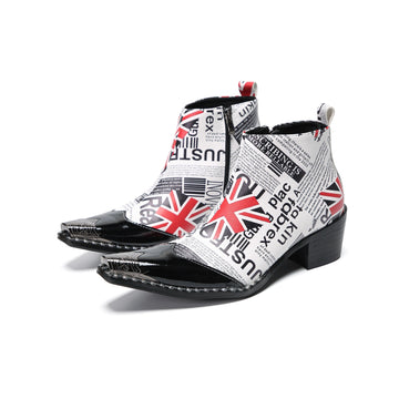 Pair of Aomishoes newspaper print and Union Jack pointed toe ankle boots with black patent leather toe caps and block heels.
