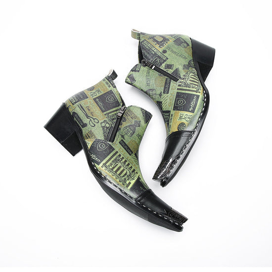 A pair of men's green and black patterned ankle boots with pointed metal toes and side zippers.