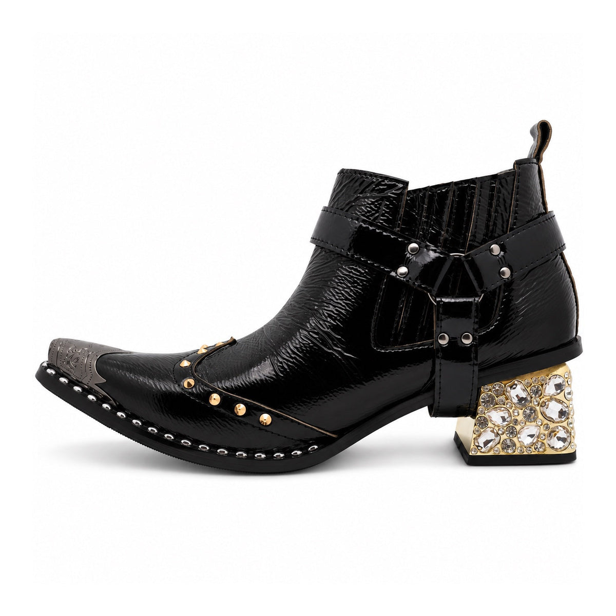 Black patent leather men's pointed toe ankle boot with metal toe cap, studded details, and a gold rhinestone-embellished