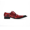 Pair of men's red snakeskin patterned leather derby shoes with pointed metal toe caps and black laces on a white background.