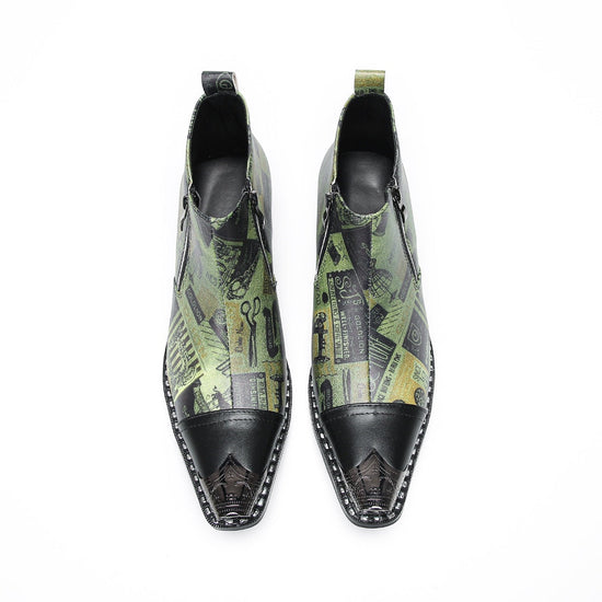 A pair of men's green and black patterned ankle boots with pointed metal toes and side zippers.