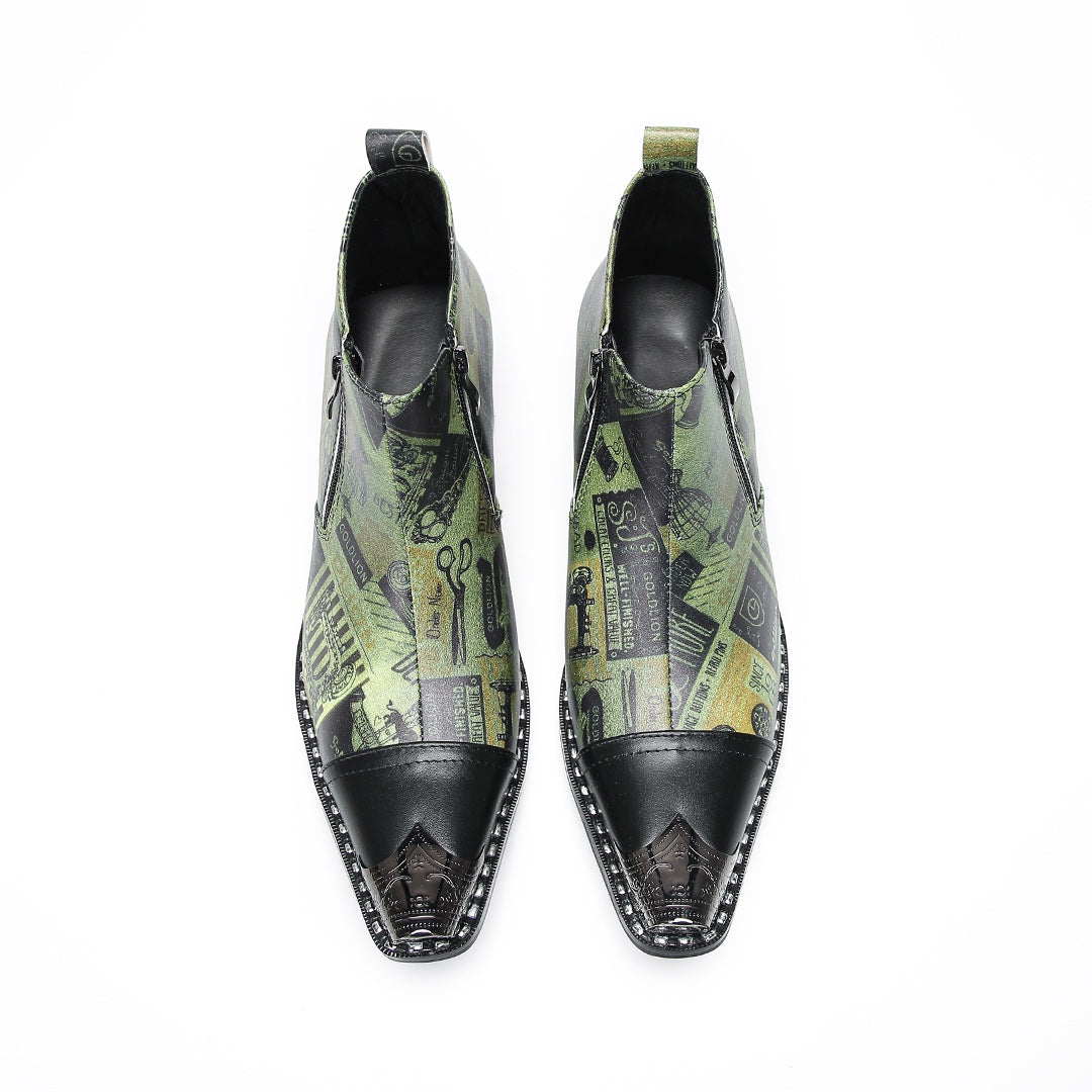 A pair of men's green and black patterned ankle boots with pointed metal toes and side zippers.