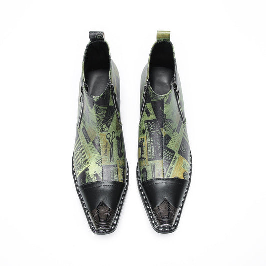 A pair of men's green and black patterned ankle boots with pointed metal toes and side zippers.