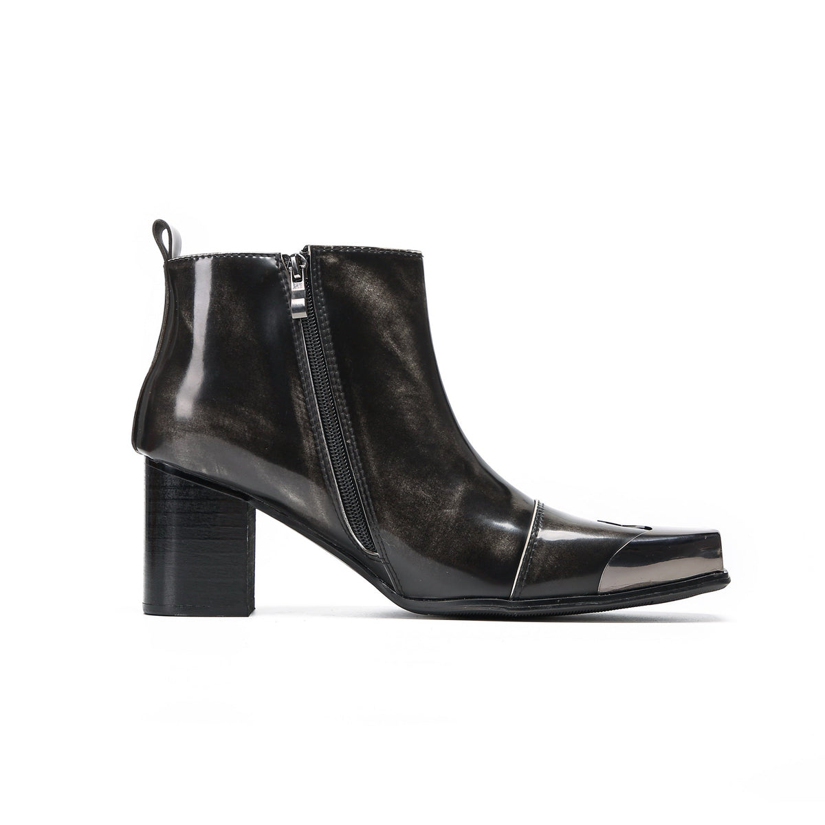 Pair of shiny black square toe ankle boots with metal tip and block heels