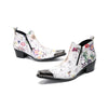 Pair of men's white genuine leather ankle boots with a colorful floral print and shiny metallic pointed toe caps.