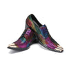 Pair of men's rainbow metallic pointed toe oxford shoes with golden metal tips and studded soles