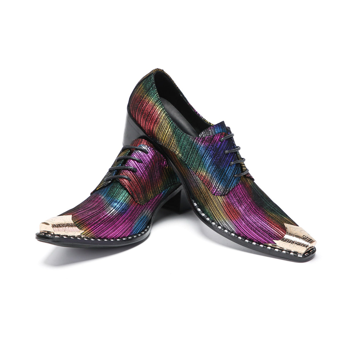 Pair of men's rainbow metallic pointed toe oxford shoes with golden metal tips and studded soles