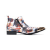 A pair of men's abstract print ankle boots with a gold metal cap toe and side zipper, shown against a white background.