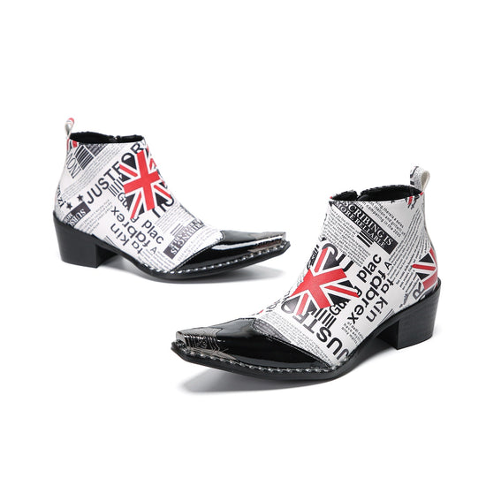 Pair of Aomishoes newspaper print and Union Jack pointed toe ankle boots with black patent leather toe caps and block heels.