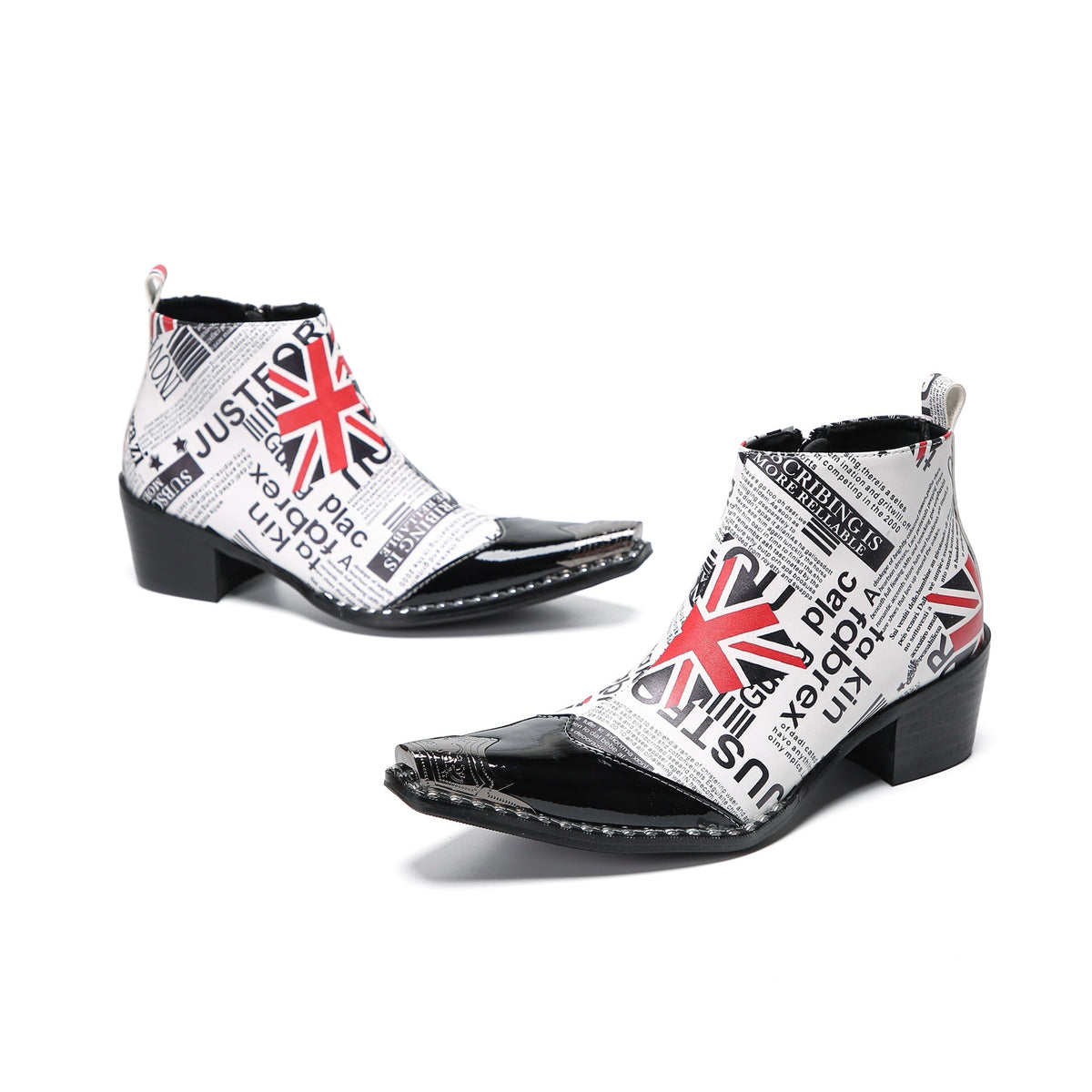 Pair of Aomishoes newspaper print and Union Jack pointed toe ankle boots with black patent leather toe caps and block heels.