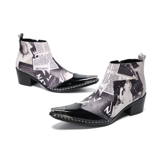 Pair of Aomishoes men's newspaper print ankle boots with pointed patent leather toe caps and side zippers on a white