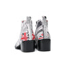 Pair of Aomishoes newspaper print and Union Jack pointed toe ankle boots with black patent leather toe caps and block heels.