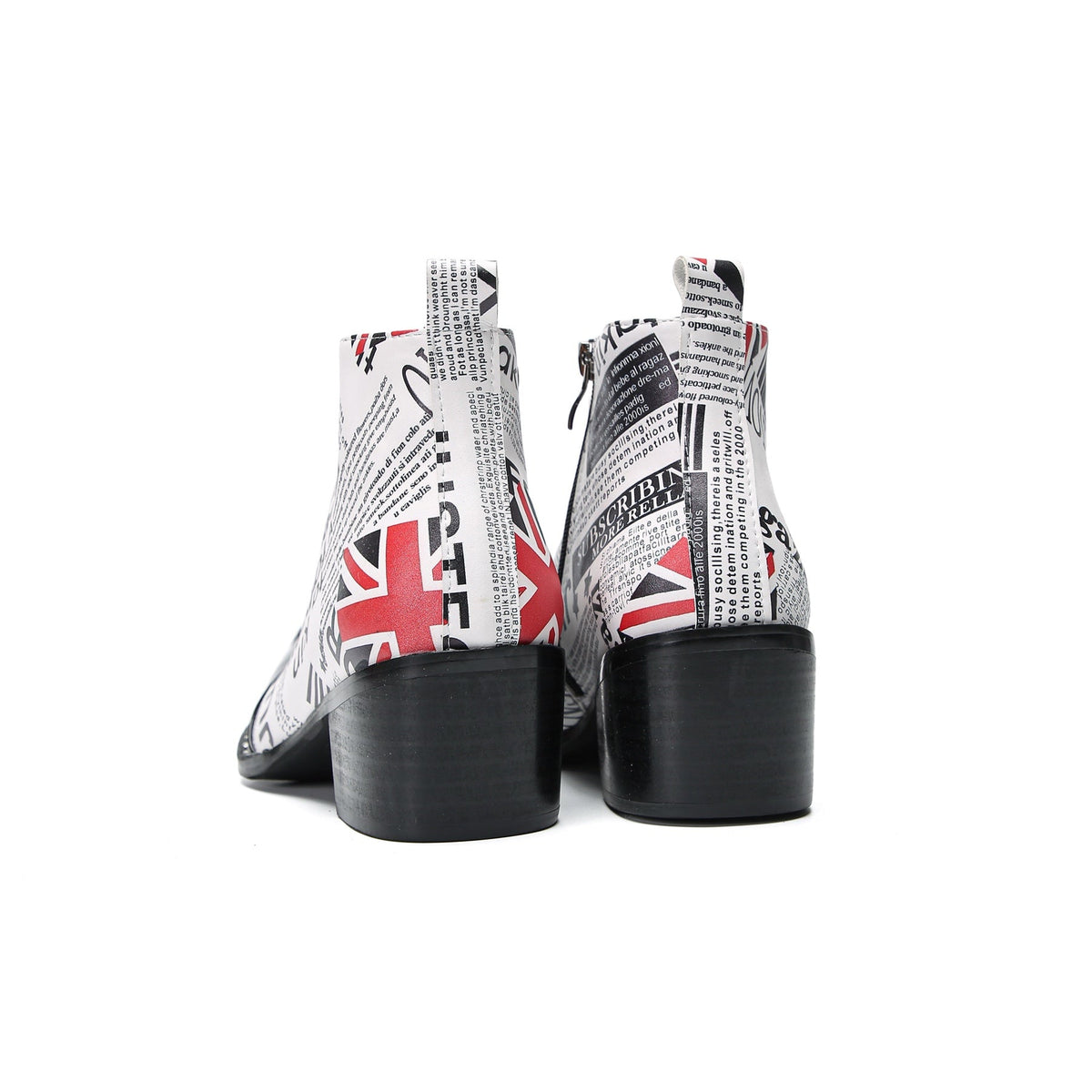 Pair of Aomishoes newspaper print and Union Jack pointed toe ankle boots with black patent leather toe caps and block heels.