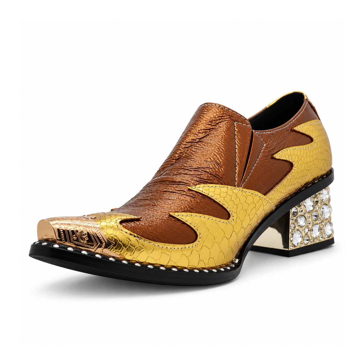 A pair of men's metallic gold and bronze slip-on western dress shoes with a pointed metal toe and a rhinestone-studded block
