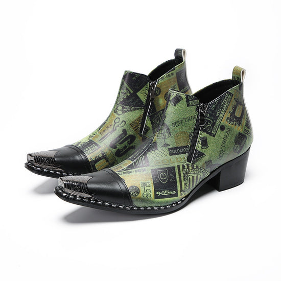 A pair of men's green and black patterned ankle boots with pointed metal toes and side zippers.