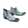 Pair of men's blue and gold splatter ankle boots with shiny metal toe caps and side zippers on a white background.