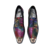 Pair of men's rainbow metallic pointed toe oxford shoes with golden metal tips and studded soles