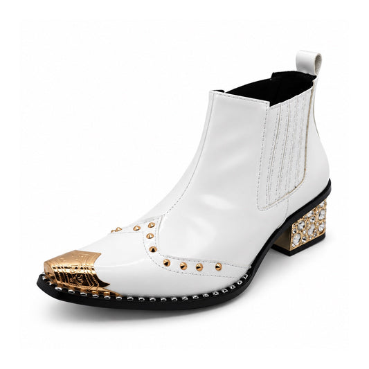 A pair of Aomishoes white genuine leather Chelsea boots with a gold metal pointed toe, gold studs, and a