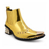 Pair of Aomishoes metallic gold studded ankle boots with pointed metal toe caps and rhinestone embellished block heels on a