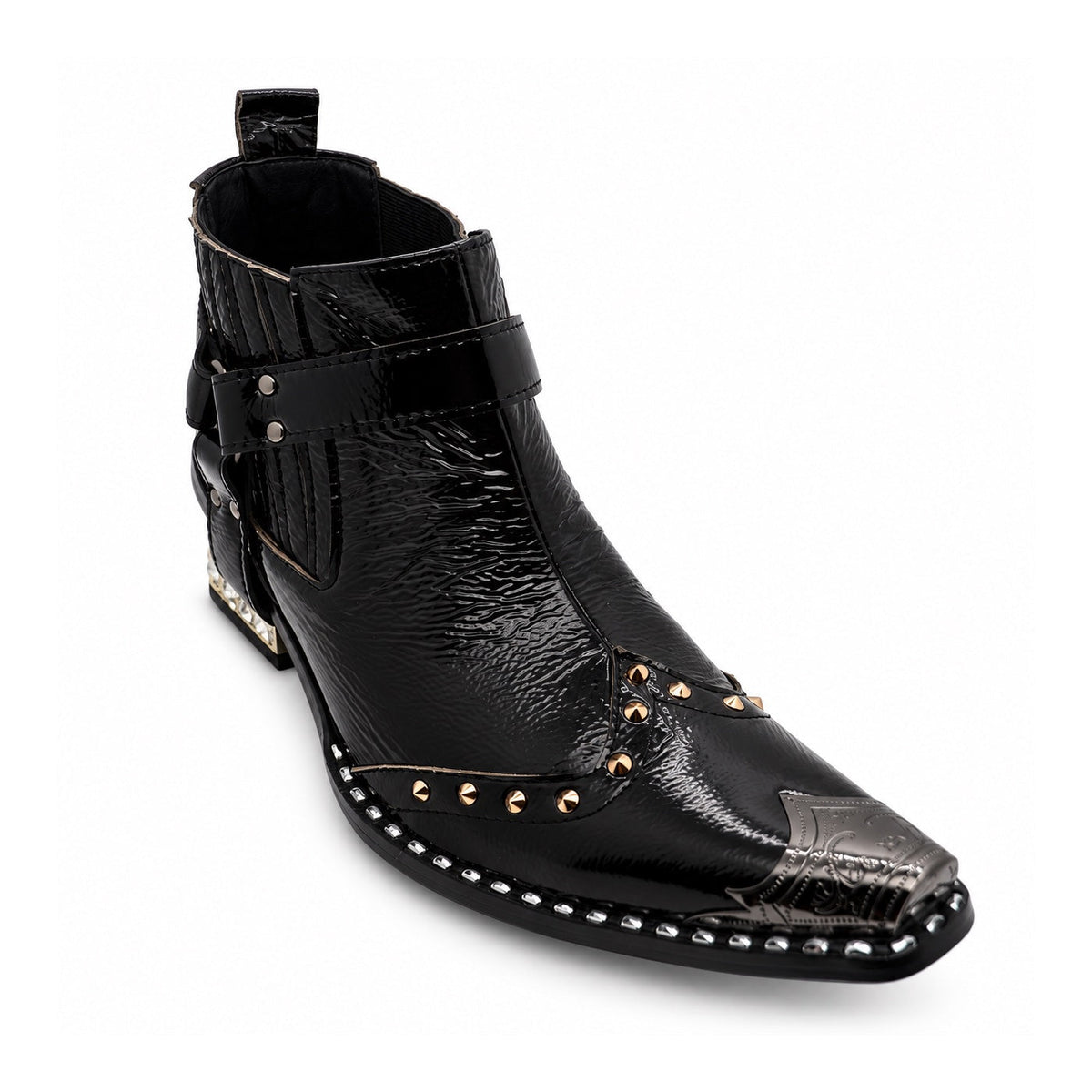 Black patent leather men's pointed toe ankle boot with metal toe cap, studded details, and a gold rhinestone-embellished