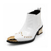 A pair of Aomishoes white genuine leather Chelsea boots with a gold metal pointed toe, gold studs, and a