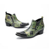 A pair of men's green and black patterned ankle boots with pointed metal toes and side zippers.