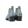 Pair of men's blue and gold splatter ankle boots with shiny metal toe caps and side zippers on a white background.