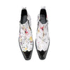 Pair of men's white genuine leather ankle boots with a colorful floral print and shiny metallic pointed toe caps.