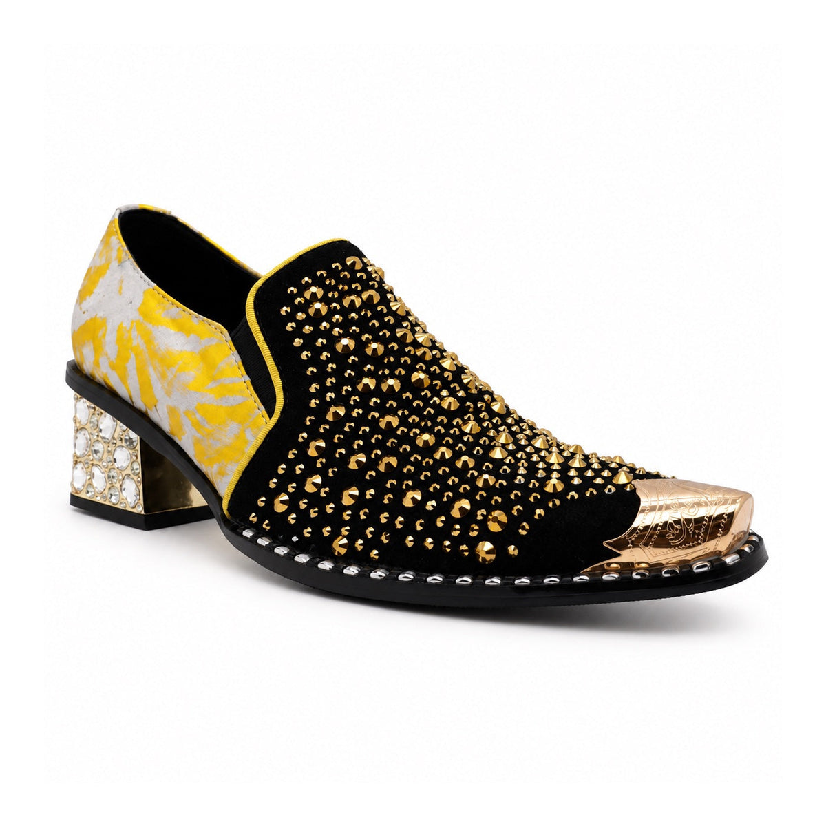 A pair of men's black studded loafers with a gold metal toe cap, a gold and grey patterned upper, and a crystal-embellished