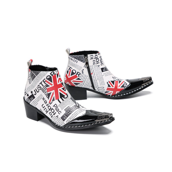 Pair of Aomishoes newspaper print and Union Jack pointed toe ankle boots with black patent leather toe caps and block heels.