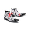 Pair of Aomishoes newspaper print and Union Jack pointed toe ankle boots with black patent leather toe caps and block heels.