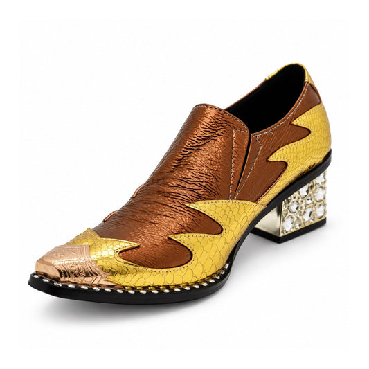 A pair of men's metallic gold and bronze slip-on western dress shoes with a pointed metal toe and a rhinestone-studded block
