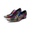 Pair of men's rainbow metallic pointed toe oxford shoes with golden metal tips and studded soles