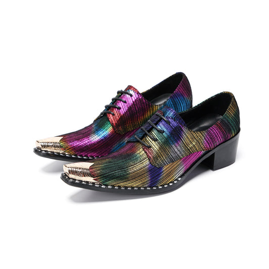 Pair of men's rainbow metallic pointed toe oxford shoes with golden metal tips and studded soles