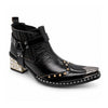 Black patent leather men's pointed toe ankle boot with metal toe cap, studded details, and a gold rhinestone-embellished