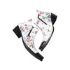 Pair of men's white genuine leather ankle boots with a colorful floral print and shiny metallic pointed toe caps.