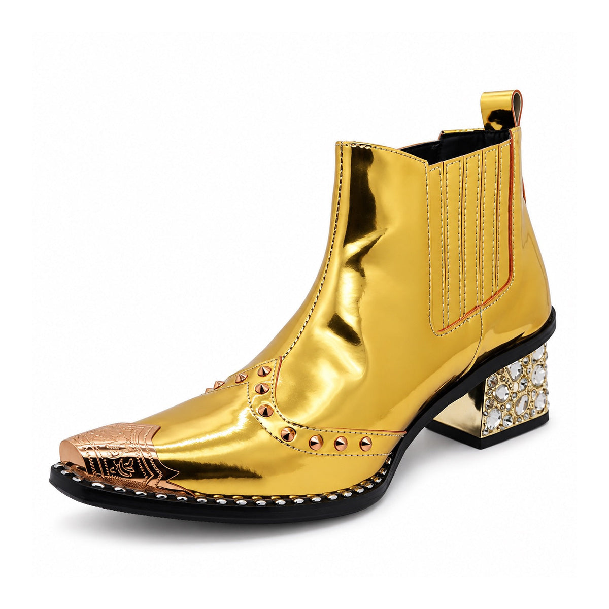 Pair of Aomishoes metallic gold studded ankle boots with pointed metal toe caps and rhinestone embellished block heels on a