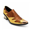 A pair of men's metallic gold and bronze slip-on western dress shoes with a pointed metal toe and a rhinestone-studded block