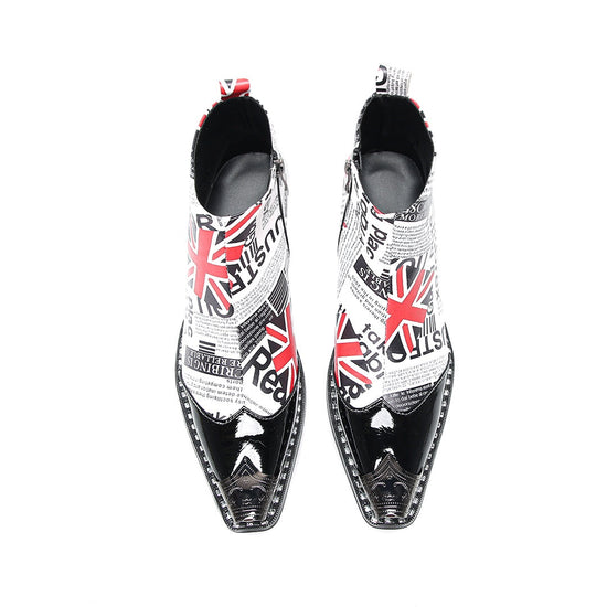 Pair of Aomishoes newspaper print and Union Jack pointed toe ankle boots with black patent leather toe caps and block heels.