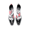 Pair of Aomishoes newspaper print and Union Jack pointed toe ankle boots with black patent leather toe caps and block heels.