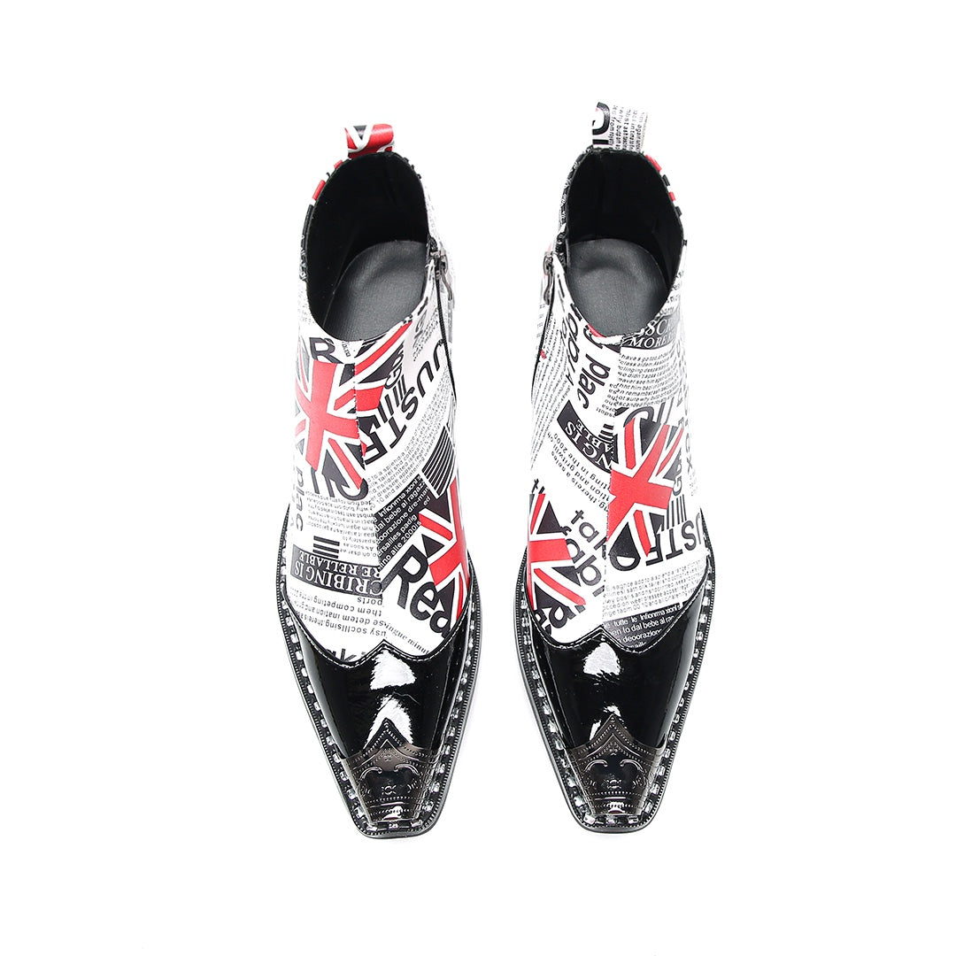 Pair of Aomishoes newspaper print and Union Jack pointed toe ankle boots with black patent leather toe caps and block heels.