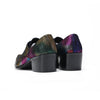 Pair of men's rainbow metallic pointed toe oxford shoes with golden metal tips and studded soles