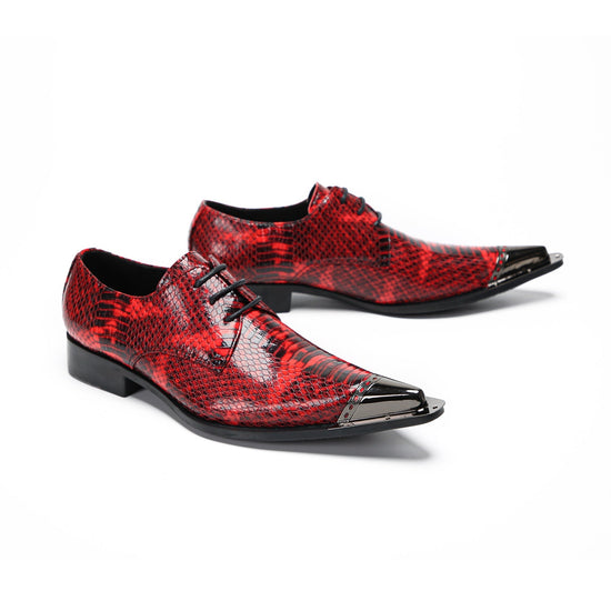 Pair of men's red snakeskin patterned leather derby shoes with pointed metal toe caps and black laces on a white background.