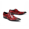 Pair of men's red snakeskin patterned leather derby shoes with pointed metal toe caps and black laces on a white background.