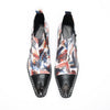 Pair of men's abstract print ankle boots with black leather pointed toe and metal tip, side zippers, and black block heels.