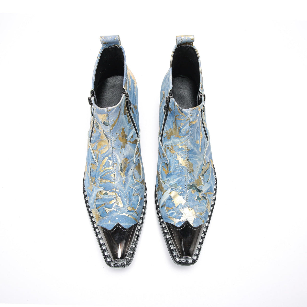 Pair of men's blue and gold splatter ankle boots with shiny metal toe caps and side zippers on a white background.