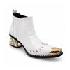A pair of Aomishoes white genuine leather Chelsea boots with a gold metal pointed toe, gold studs, and a