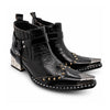 Black patent leather men's pointed toe ankle boot with metal toe cap, studded details, and a gold rhinestone-embellished