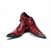Pair of men's red snakeskin patterned leather derby shoes with pointed metal toe caps and black laces on a white background.