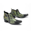 A pair of men's green and black patterned ankle boots with pointed metal toes and side zippers.